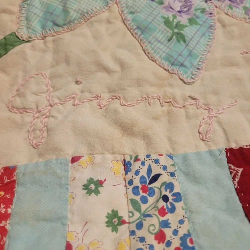 1930's vintage Block cotton cutter quilt hand quilted 35 x 33 Baby